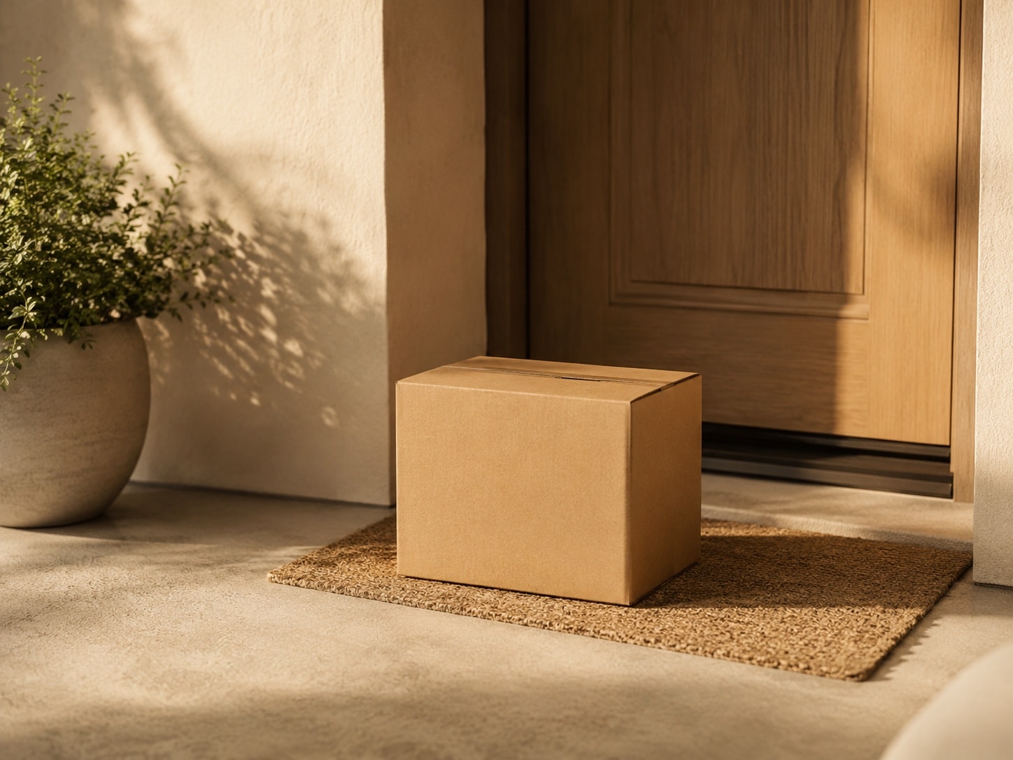 A plain unmarked parcel on a doormat in front of a warm wooden front door