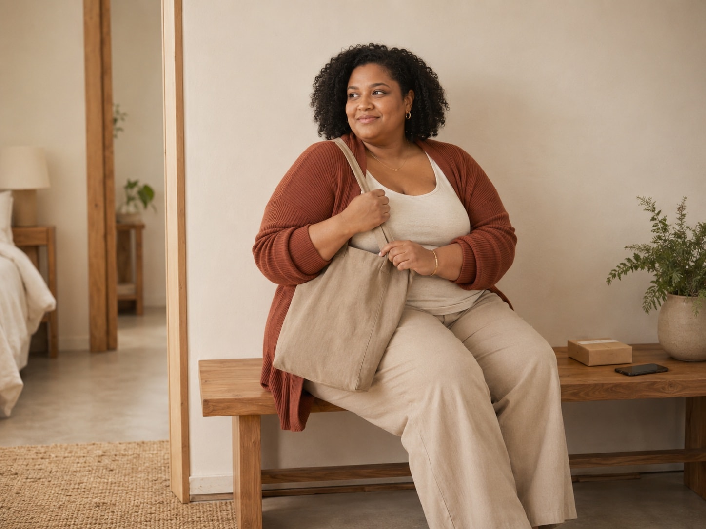 A person sitting on a wooden bench at home, smiling, with a tote bag over one shoulder