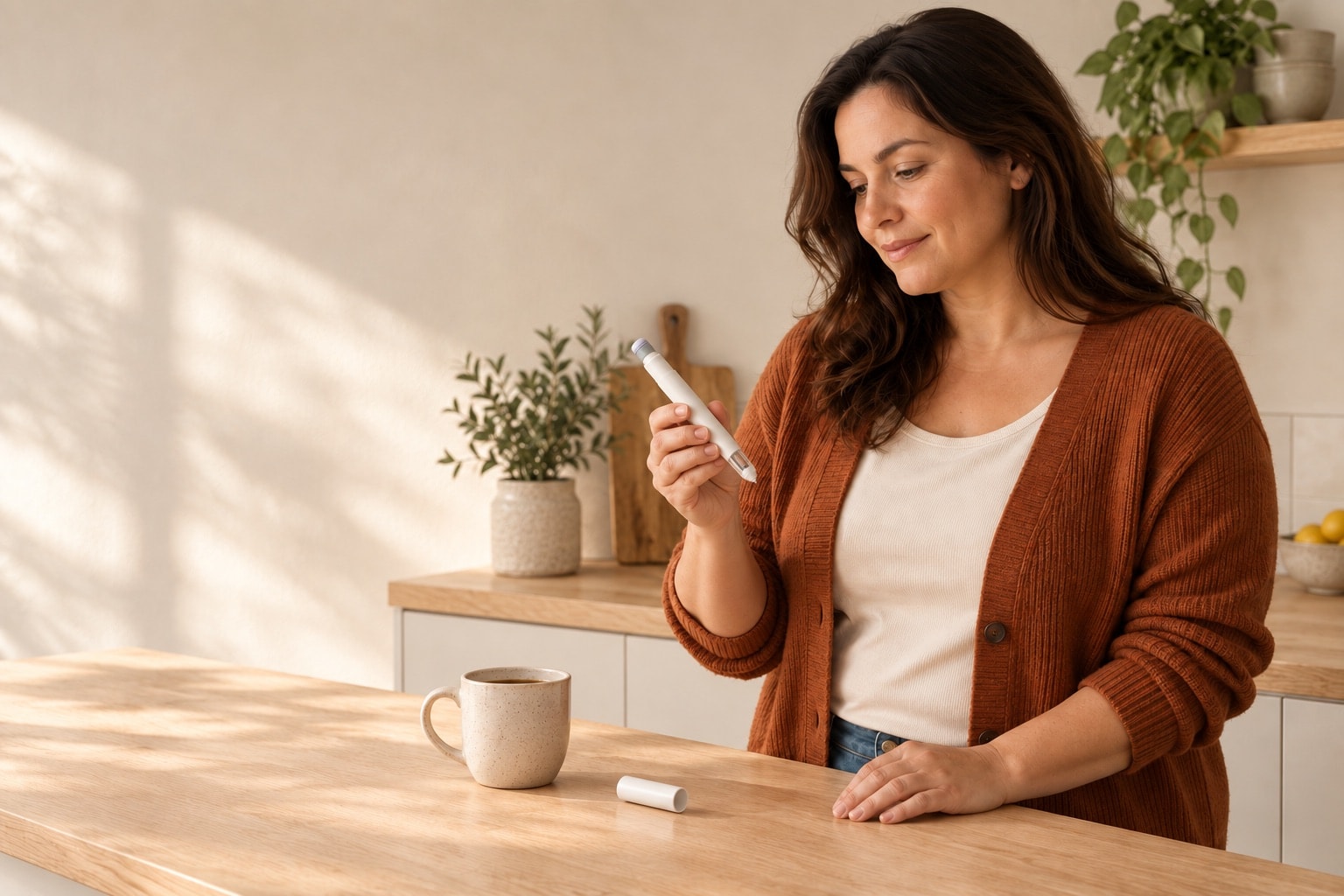 A person at a kitchen counter holding a white injector pen with its cap off
