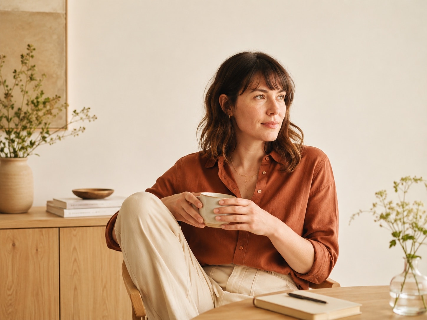 A person sitting at a table at home with a cup of coffee, looking toward the window
